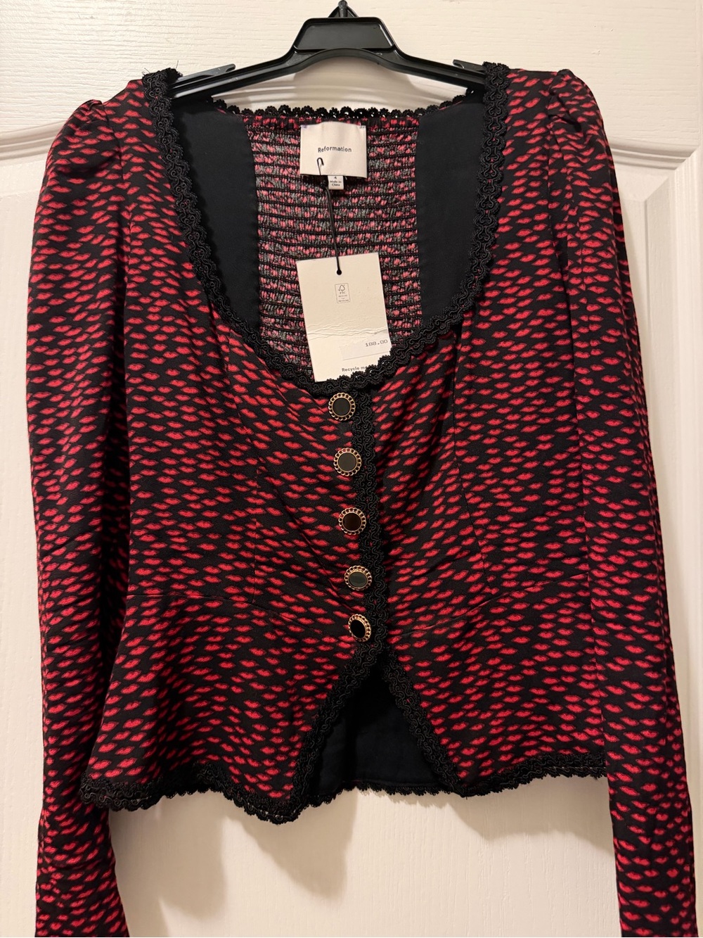 Reformation Red and Black Textured Button-Front top